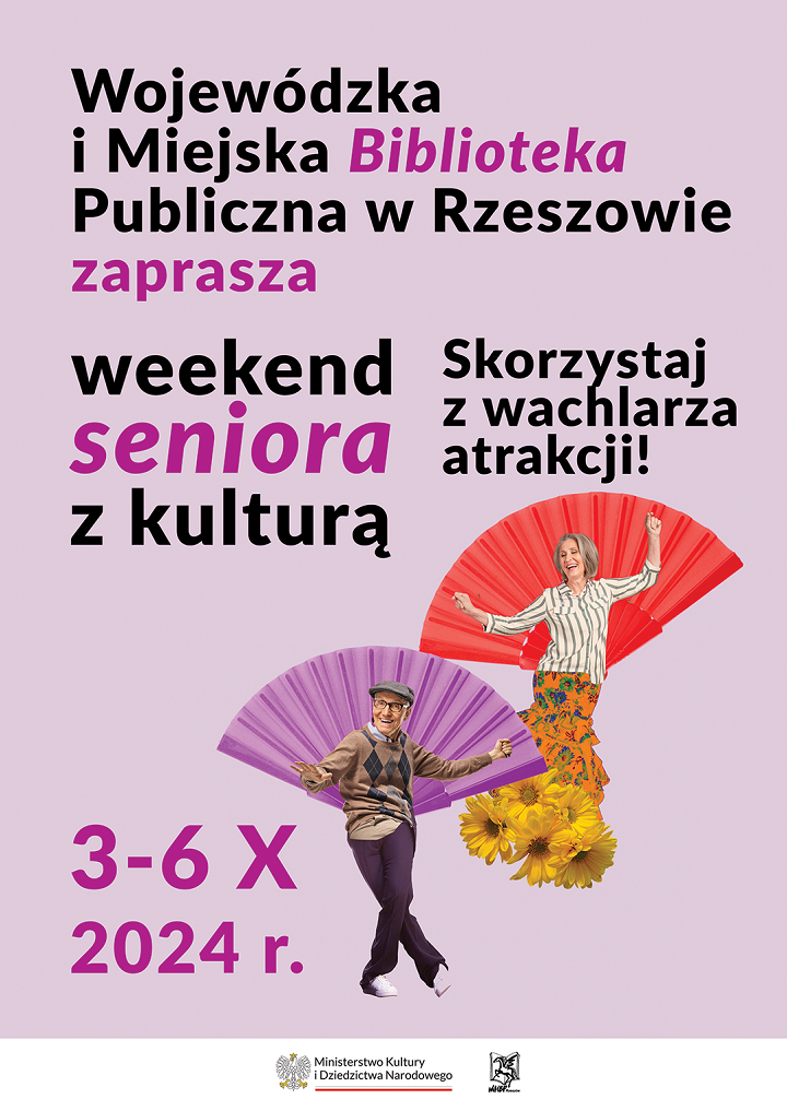 Plakat z seniorami - mężczyzną i kobietą oraz wachlarzami.