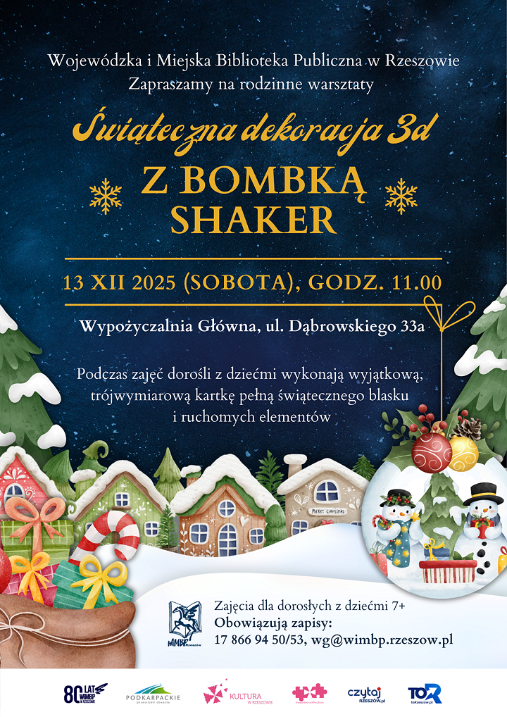 Grafika świąteczna z&nbsp;kolorowymi domkami, choinkami i&nbsp;bombkami z&nbsp;bałwankiem