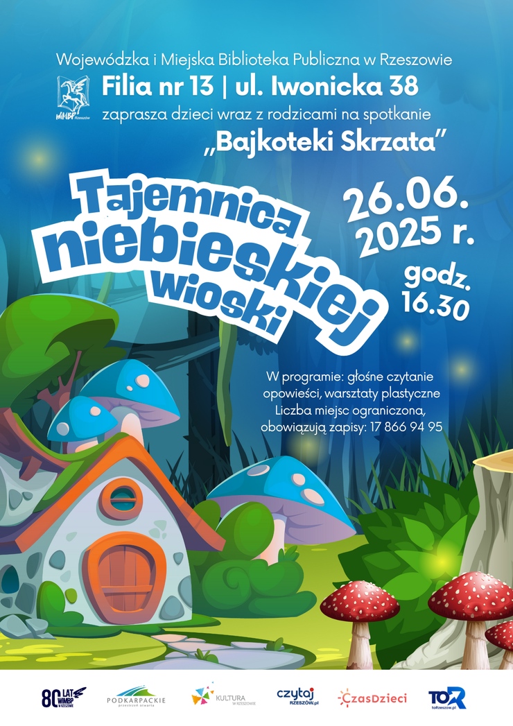 Mały domek w lesie, obok grzyby i krzaczki.