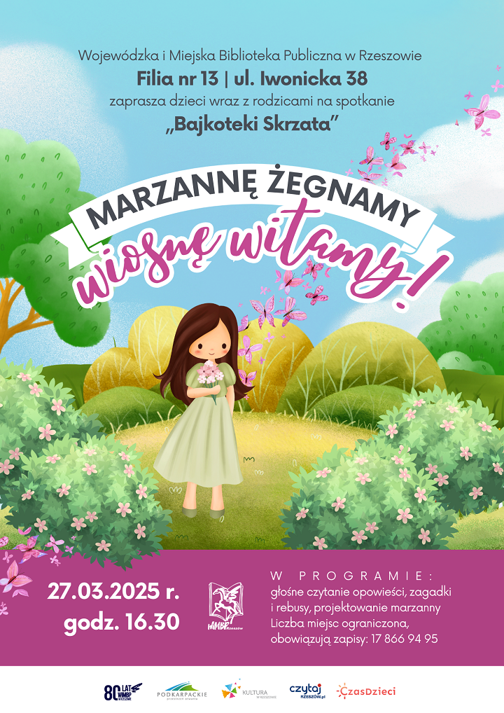 Dziewczyna w rozwianej sukience trzyma kwiaty stojąc pośród zieleni. W powietrzu motyle.