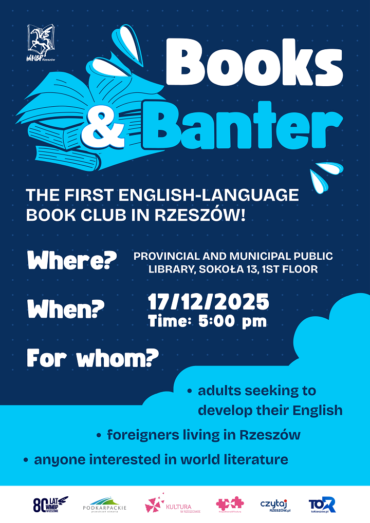 Na plakacie stos książek i chmury. 