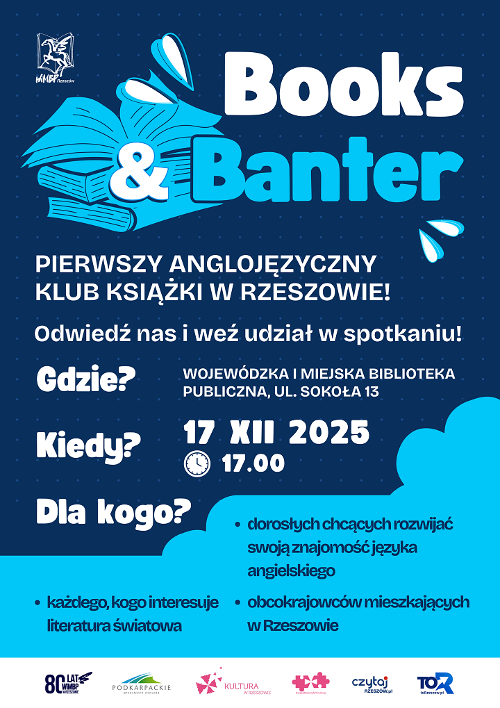 Na plakacie stos książek i chmury. 