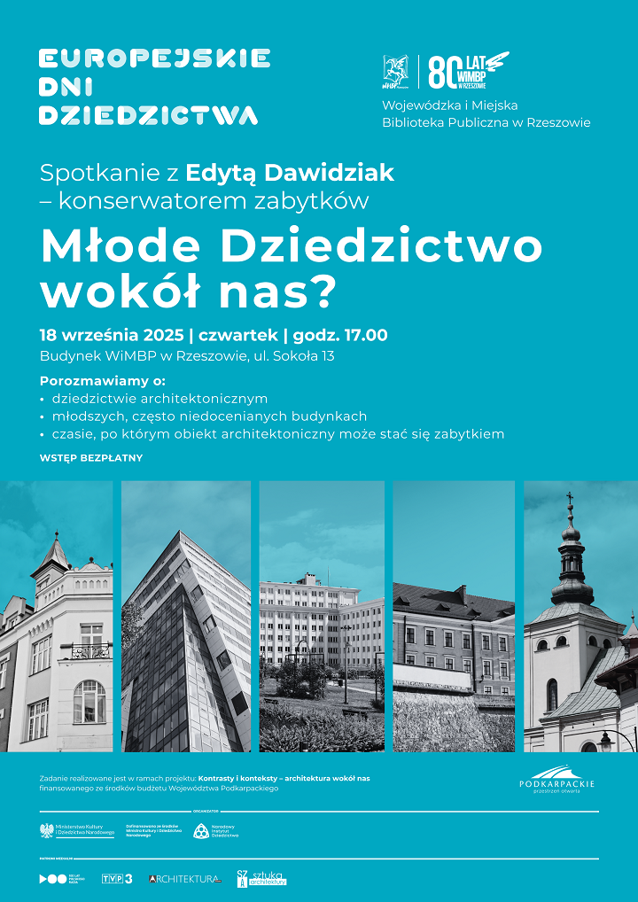 Na plakacie pięć fotografii z budynkami Rzeszowa. 