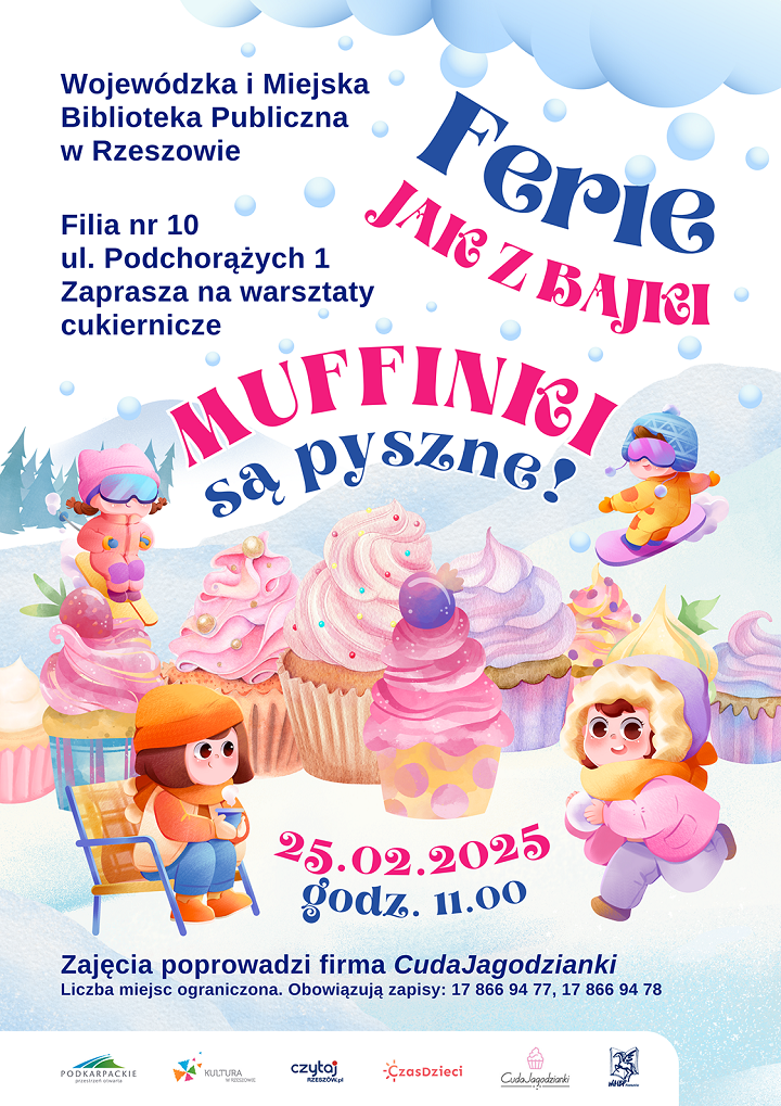 Grafika przedstawia dzieci na śniegu oraz ozdobione babeczki. 