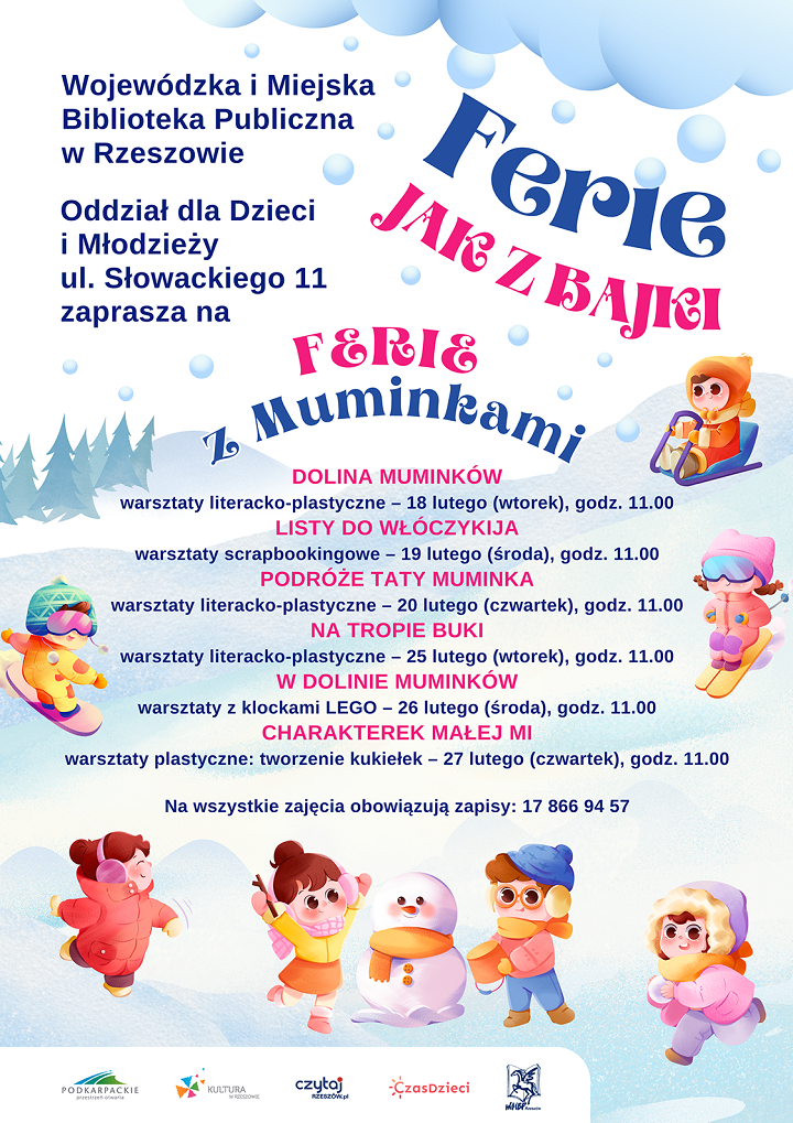 Na grafice dzieci w zimowej scenerii.