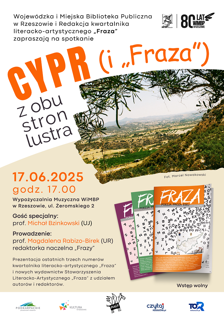 Plakat z fotografią krajobrazu cypryjskich wzgórz. 