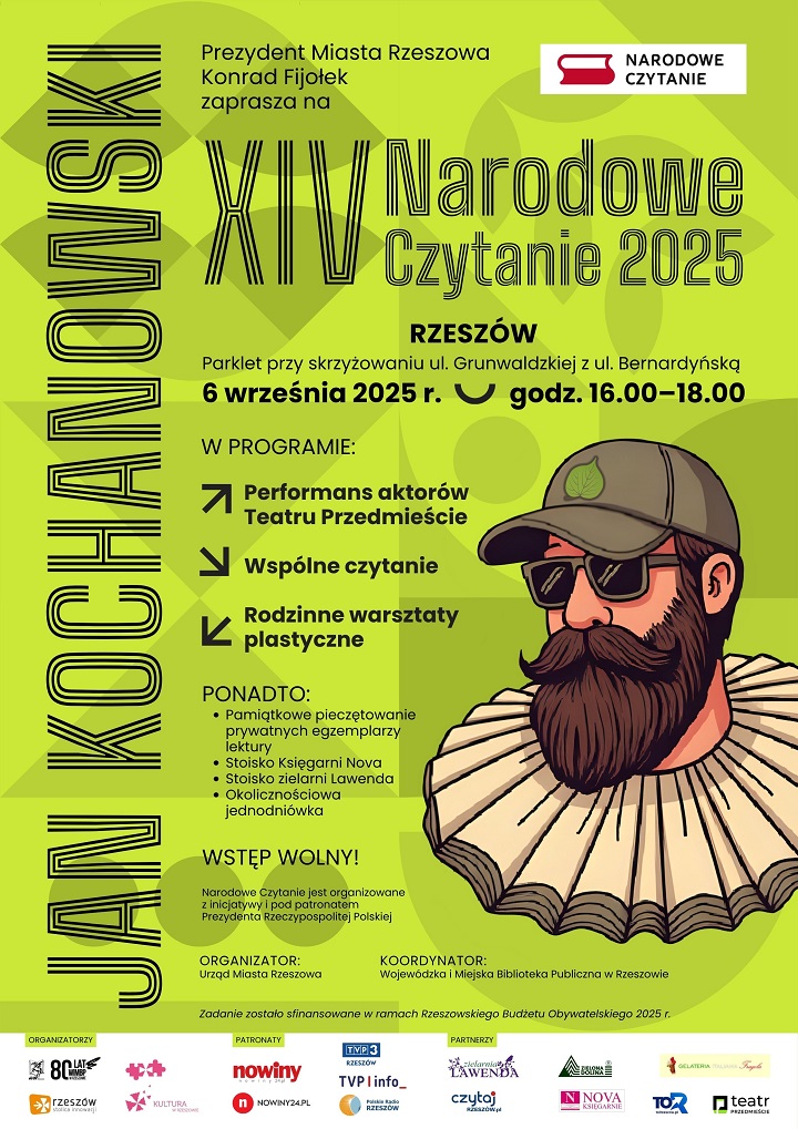 Na plakacie twarz mężczyzny z brodą, w ciemnych okularach i czapce z daszkiem oraz kryzą pod szyją. 