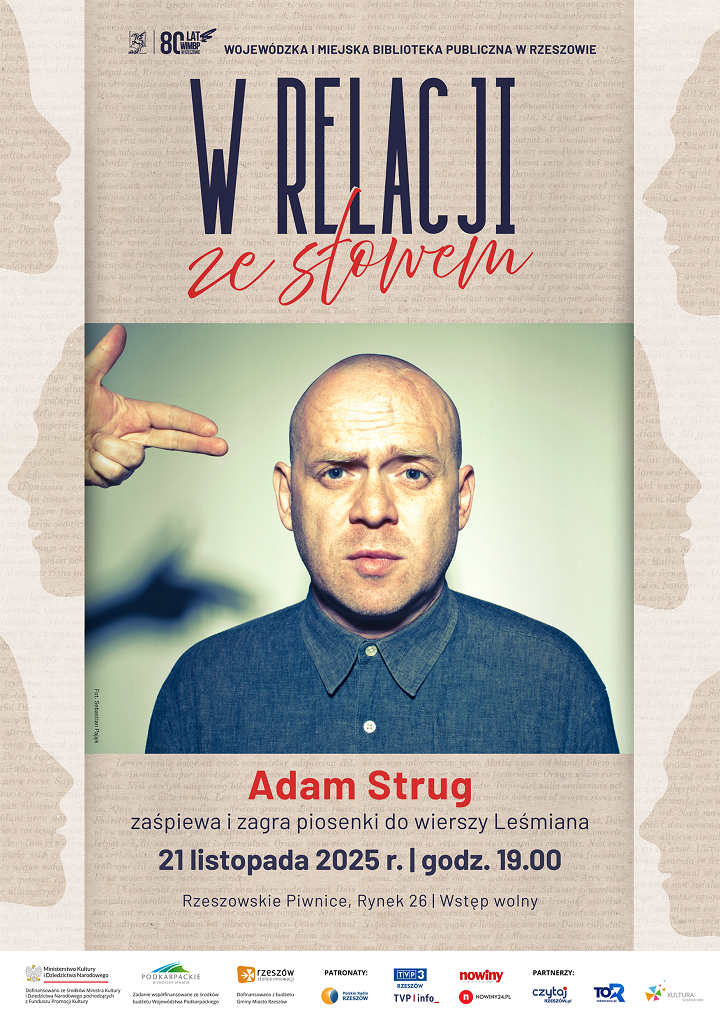 Plakat ze zdjęciem łysego mężczyzny w średnim wieku w dżinsowej koszuli