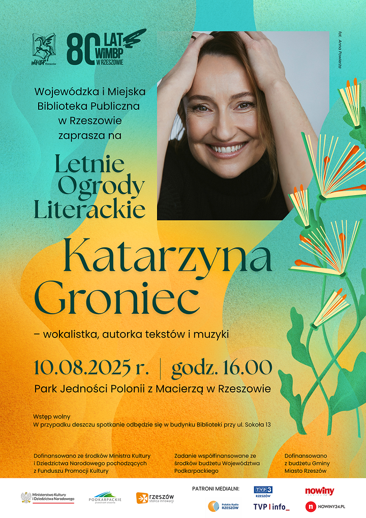 Plakat ze zdjęciem uśmiechniętej kobiety. Na grafice kwiaty w kształcie książek.