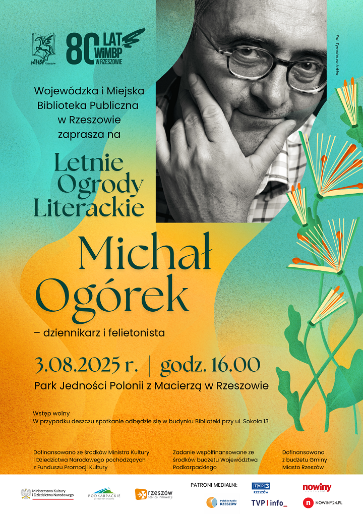 Plakat ze zdjęciem mężczyzny w okularach. Elementy graficzne z kwiatami w kształcie książek. 