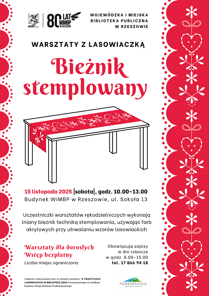 Grafika ze stołem nakrytym bieżnikiem we wzór lasowiackiego serca