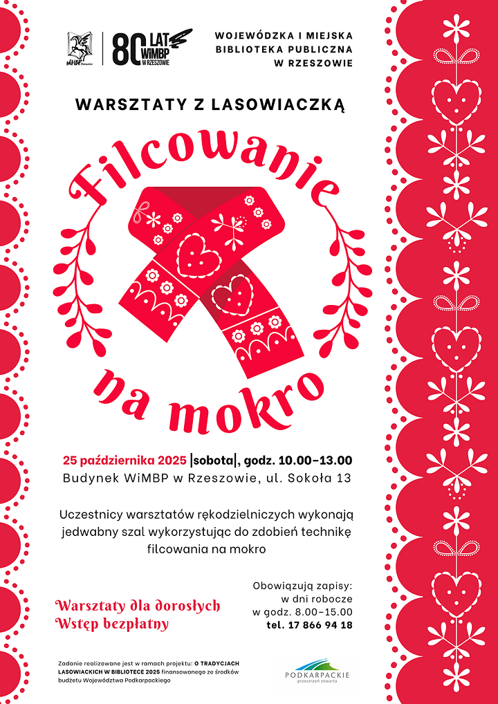 Czerwono biały plakat z ludowymi wzorami lasowiackimi