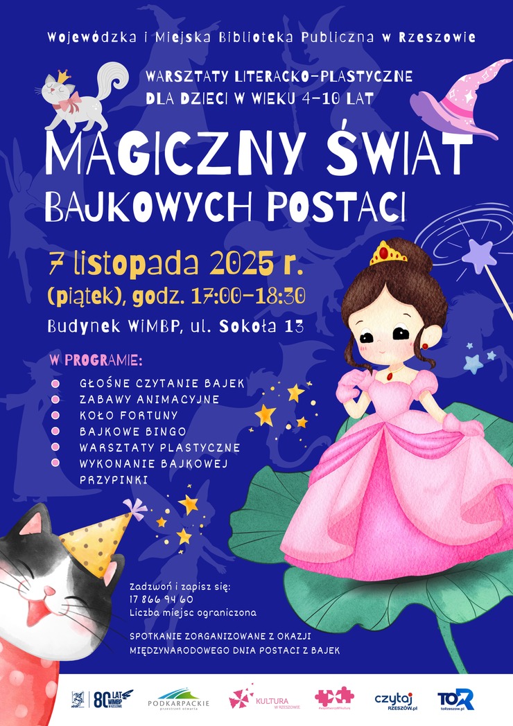 Księżniczka, dwa koty, różdżka. W tle czarownice, smoki, gwiazdki