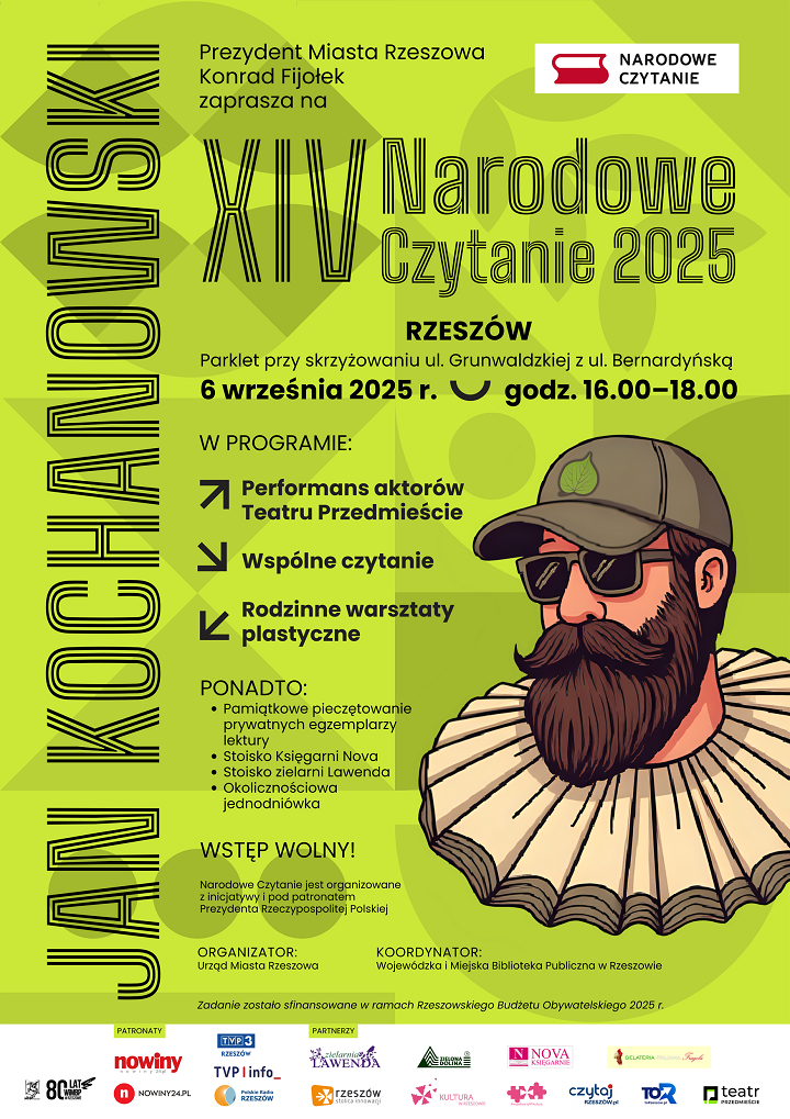 Na plakacie postac mężczyzny z brodą, w czapce z daszkiem i okularach przeciwsłonecznych oraz kryzą na szyi. 