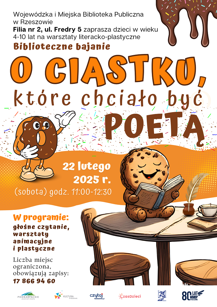 Ciastko czytające książkę na stole. Z tyłu donut. 