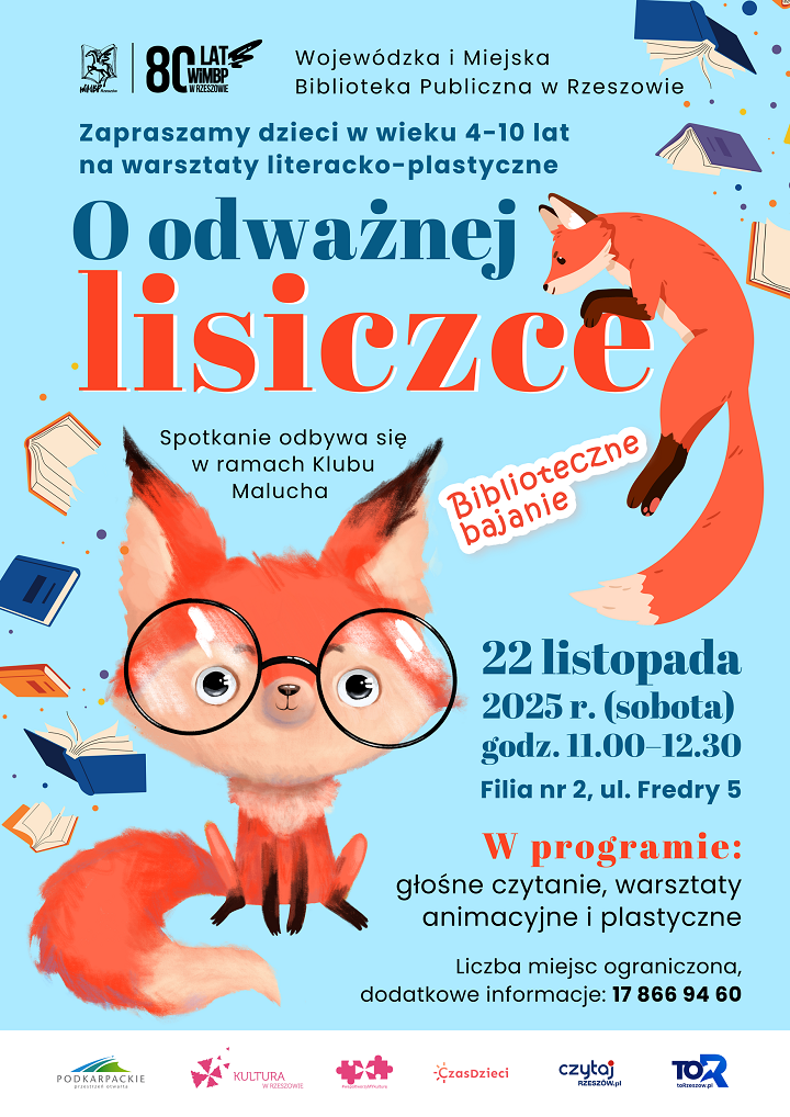 Na plakacie liski i książki. 