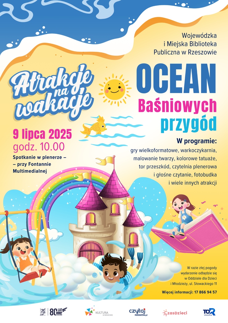 Zamek, tęcza, dzieci podczas zabawy
