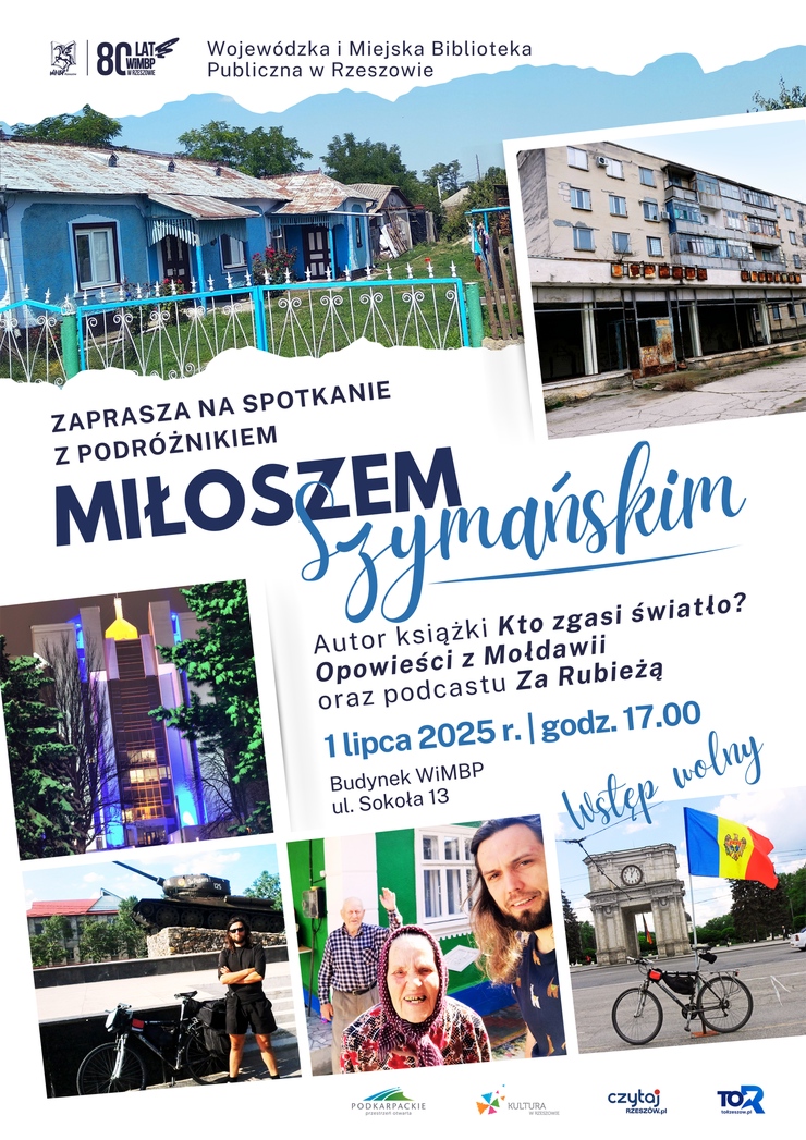 Zdjęcia z podróży: niebieskie domki, stary zniszczony blok mieszkalny, dwoje staruszków, mężczyzna z rowerem na tle pomnika z czołgiem, rower z flagą Mołdawii.