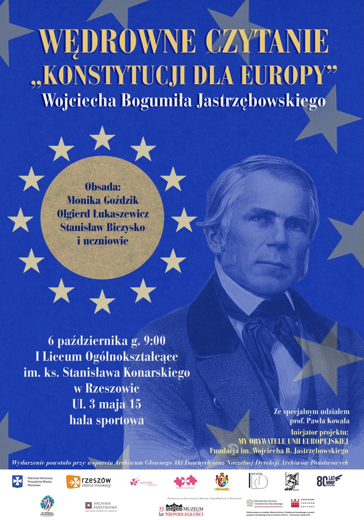 Portret Wojciecha Bogumiła Jastrzębowskiego, obok gwiazdki symbol Unii Europejskiej.
