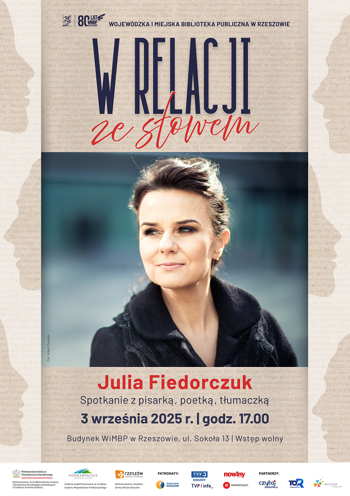Plakat z fotografią kobiety w średnim wieku z zaczesanymi włosami. W tle grafiki twarzy. 