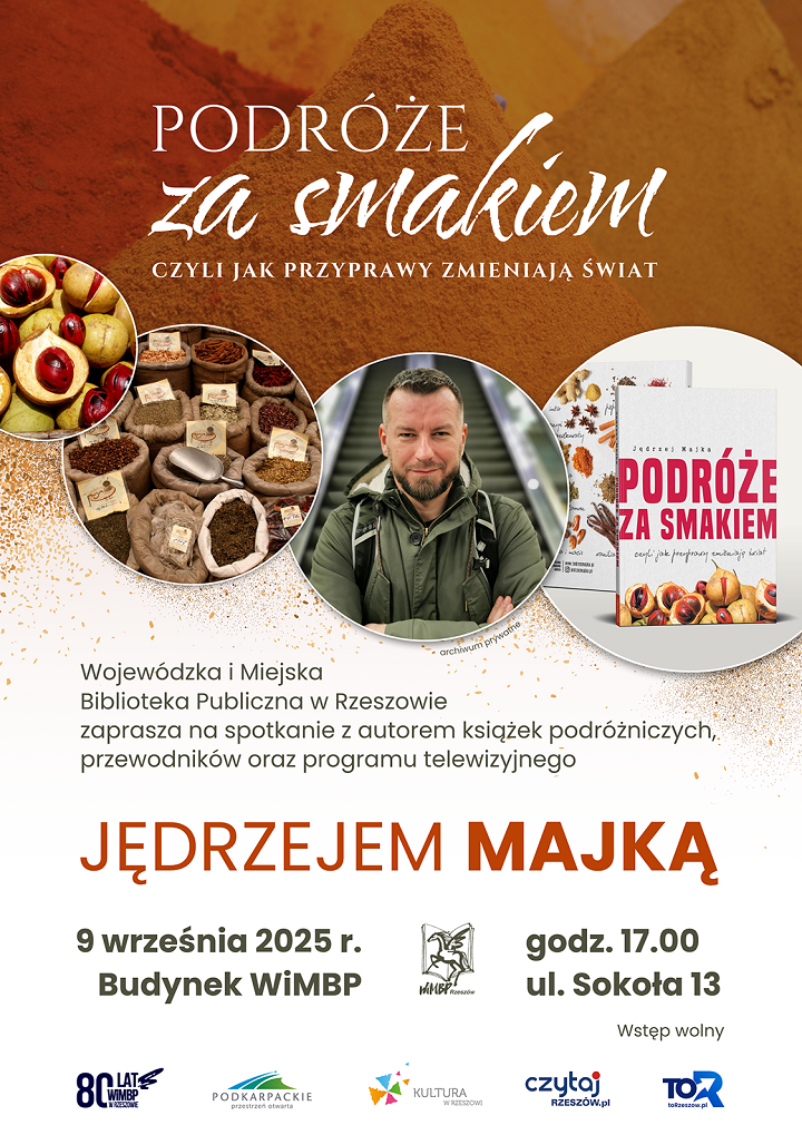 Na plakacie fotografie różnych przypraw, książki oraz portretowa autora. 