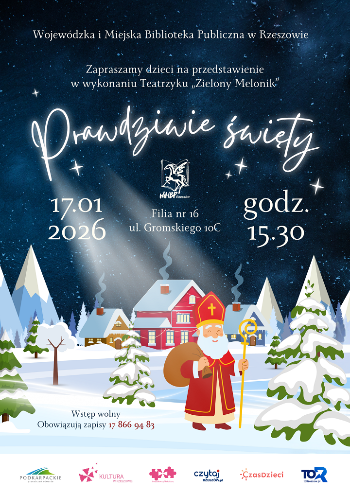 Święty Mikołaj wędrujący w&nbsp;zimowej aurze. 