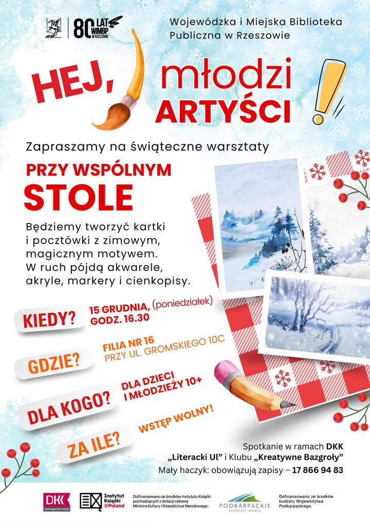 Zimowe poczt&oacute;wki, oł&oacute;wek i&nbsp;pędzel.