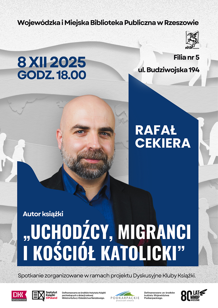 Plakat z portretem łysego mężczyzny z brodą w garniturze