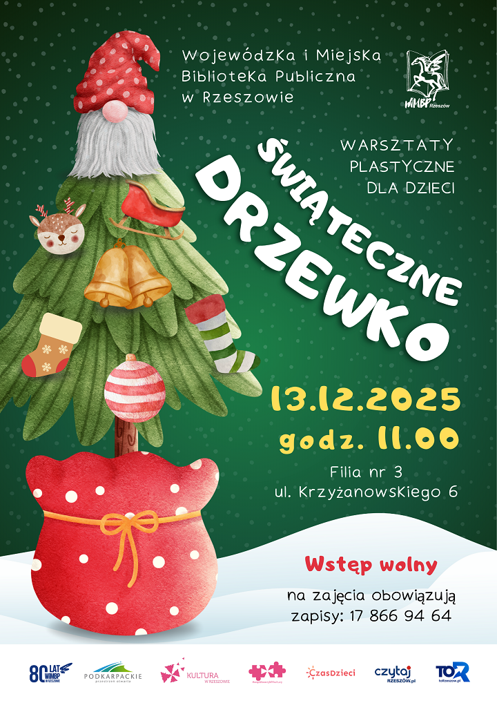 Choinka w kolorowym worku, na niej ozdoby i głowa skrzata na czubku. 