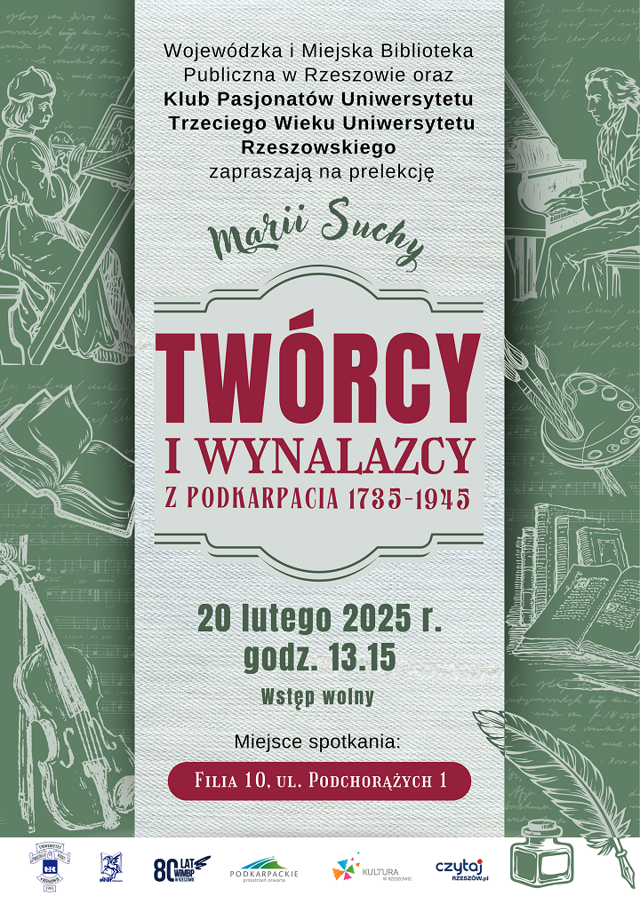 Po bokach plakatu grafiki z książkami, instrumentami, farbami i kompozytorem oraz malarką.
