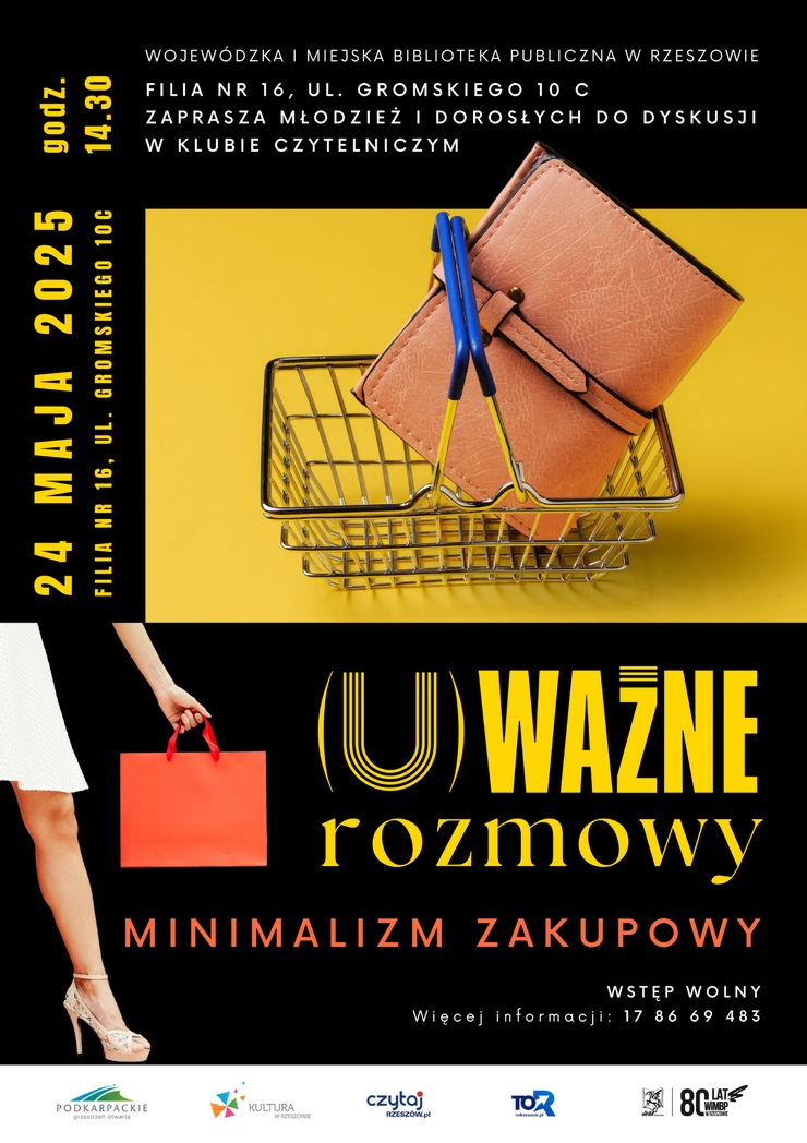 W koszyku zakupowym portfel. Poniżej postać trzymająca w ręku torbę na zakupy.