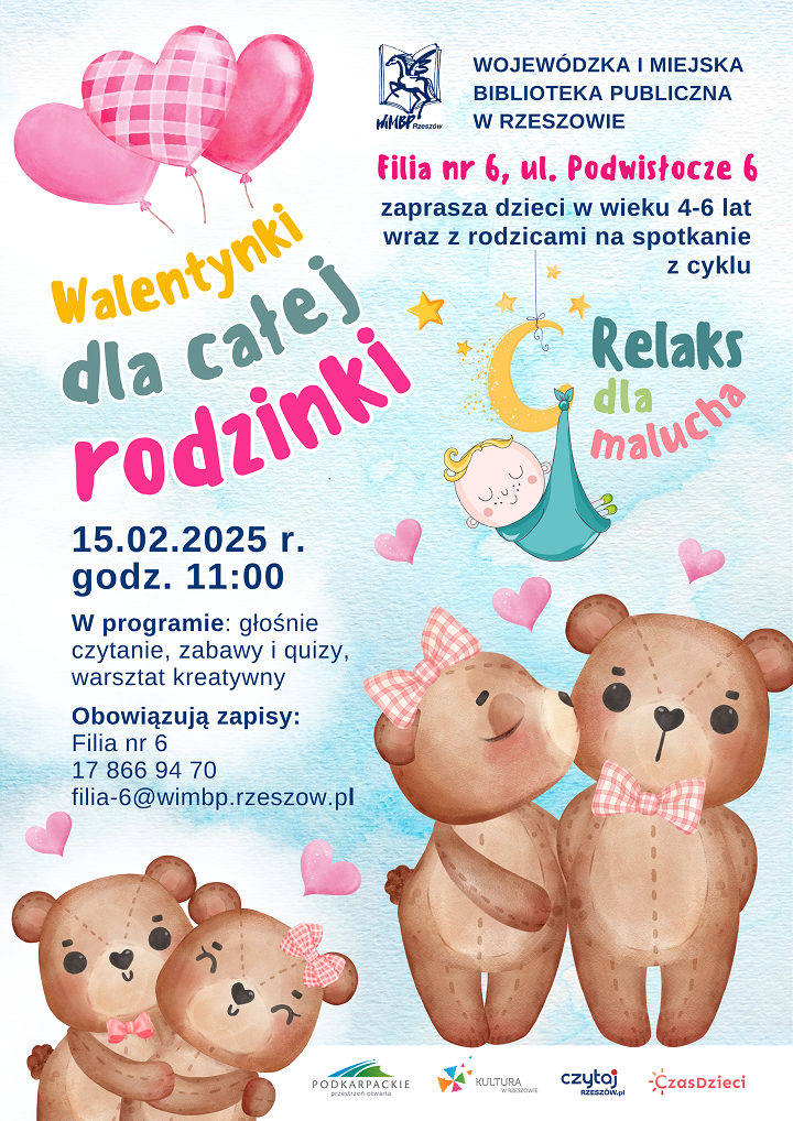 Na plakacie misie i serduszka.