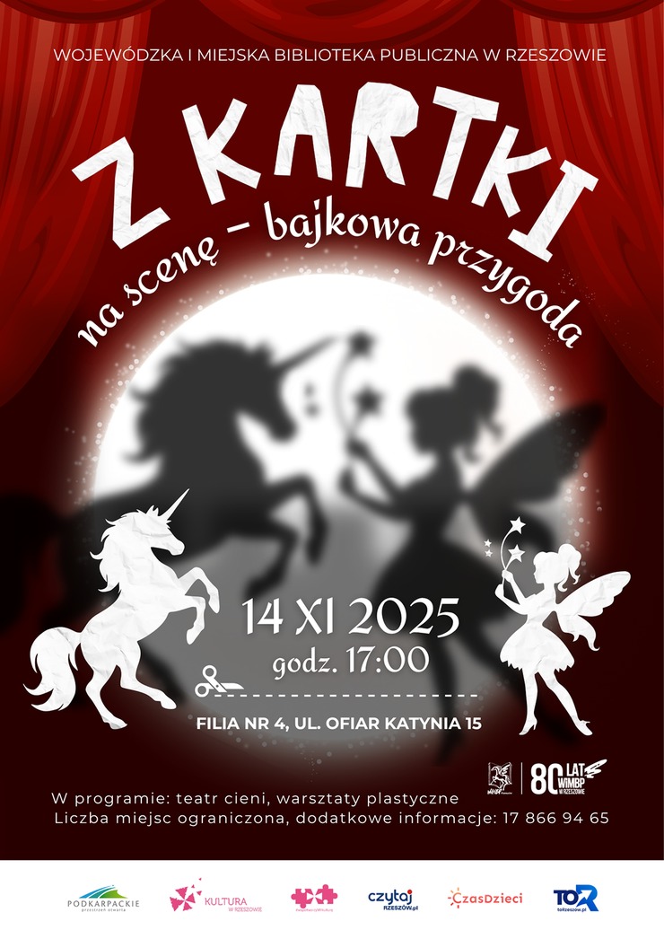 Wróżka i jednorożec, w tle ich cienie i scena z kurtyną.