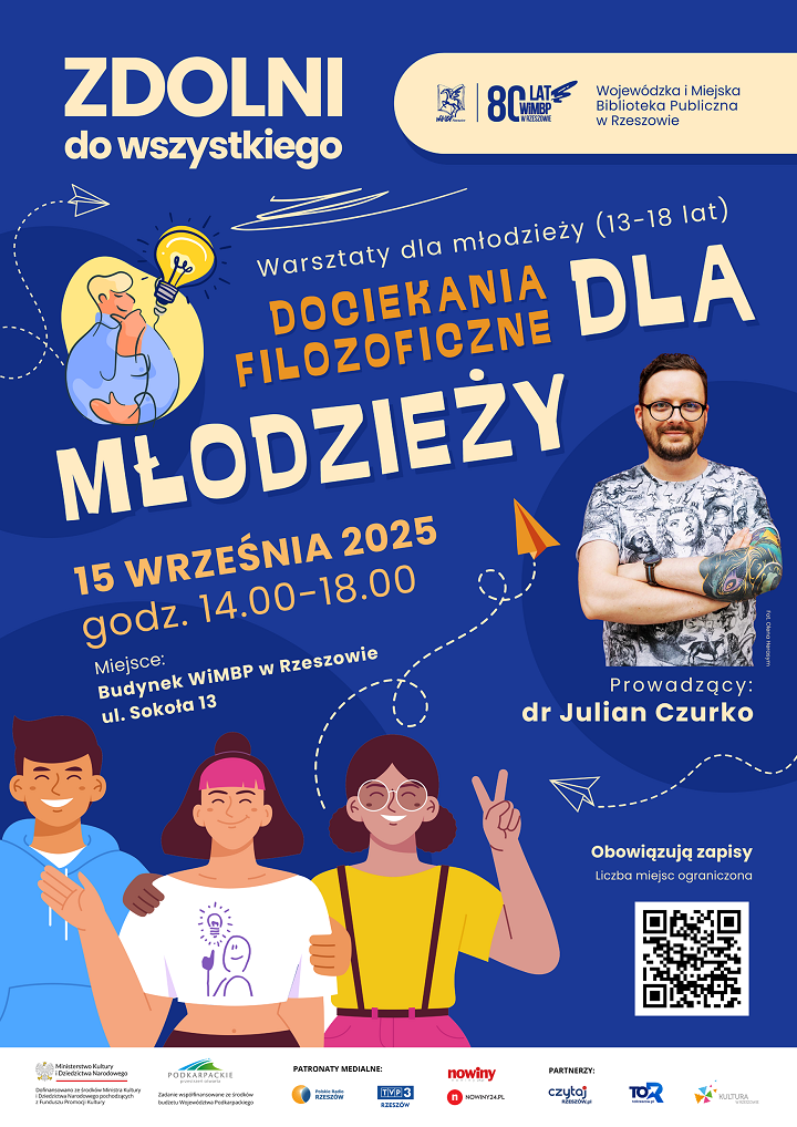 Na grafice mężczyzna, trójka młodzieży.