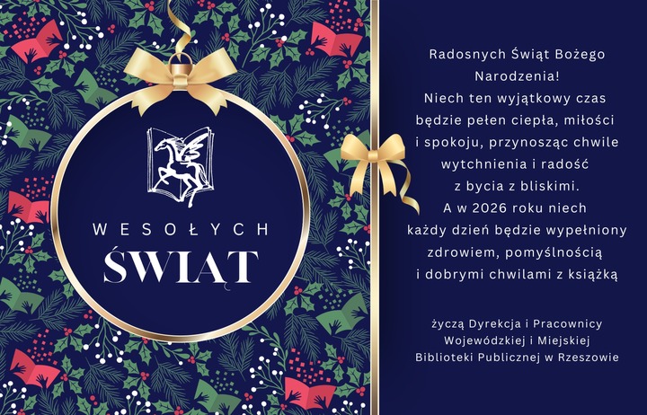 Bombka choinkowa z&nbsp;logo Biblioteki i&nbsp;napisem Wesołych Świąt. W tle motywy roślinne i&nbsp;książki.