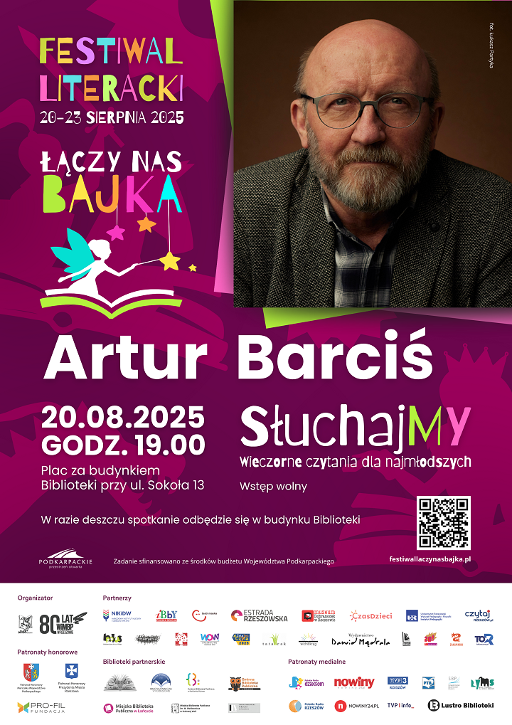 Plakat ze zdjęciem mężczyzny z brodą, w okularach. 