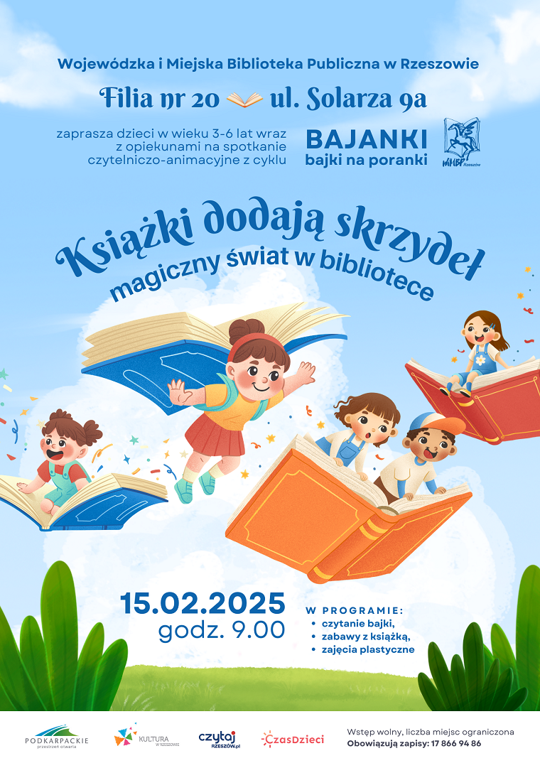 Dzieci siedzące na latających książkach