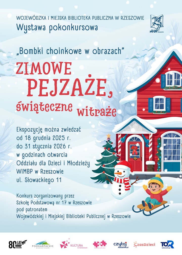 Zimowy pejzaż, ośnieżony domek przed domkiem chłopiec jeżdżący na sankach i bałwan.