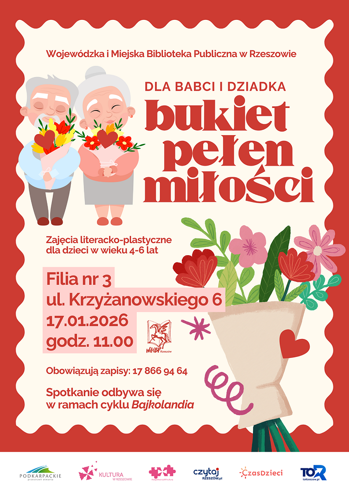 Plaka z&nbsp;sylwetkami babci i&nbsp;dziadka trzymającymi w&nbsp;rękach bukiety. 