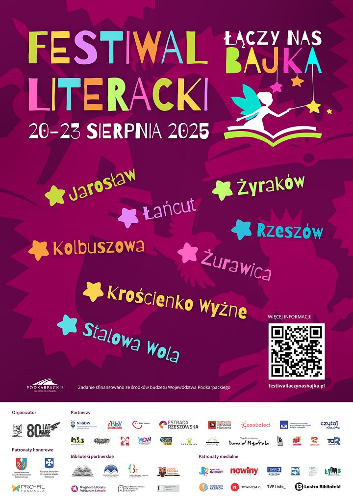 Plakat z motywem postaci z bajek, gwiazdki oraz dużo logotypów. 