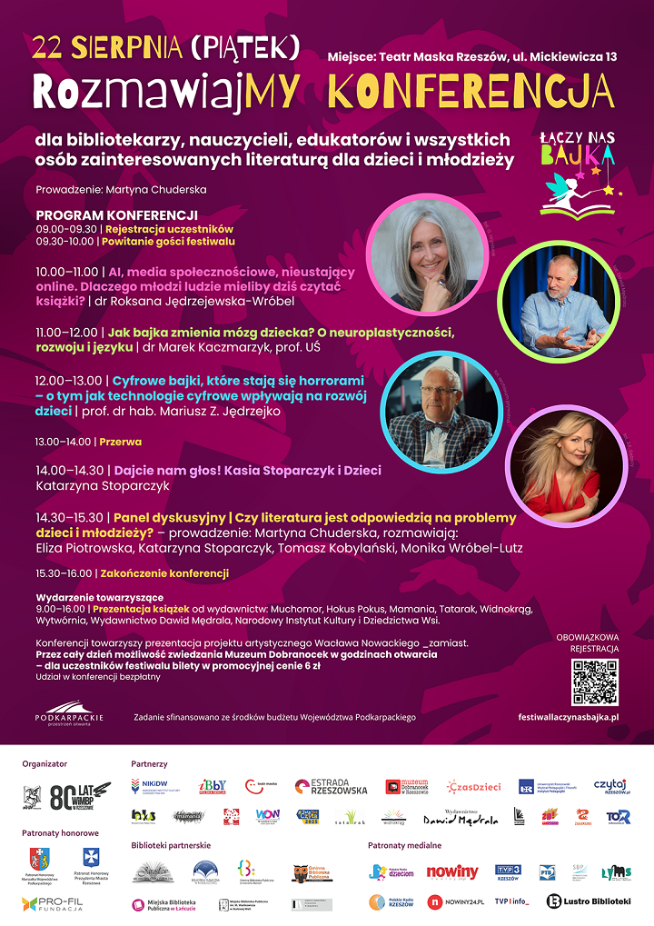 Plakat z programem konferencji oraz czterema zdjęciami gości występujących na niej. 