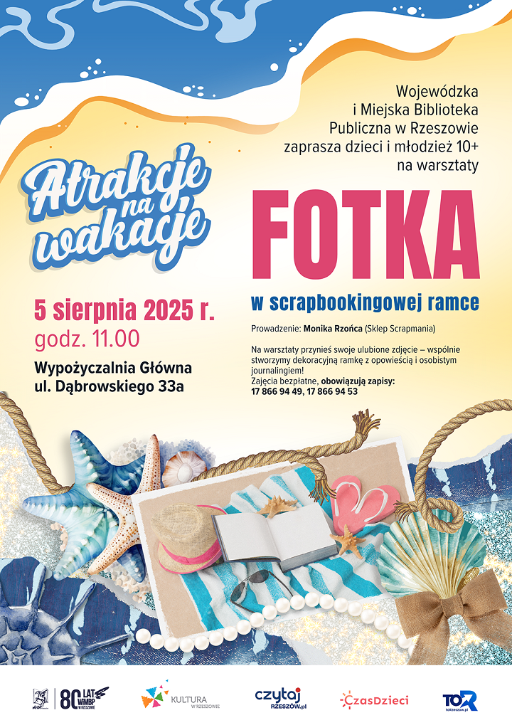 Plakat zawierający fotografię, muszelki, sznurki