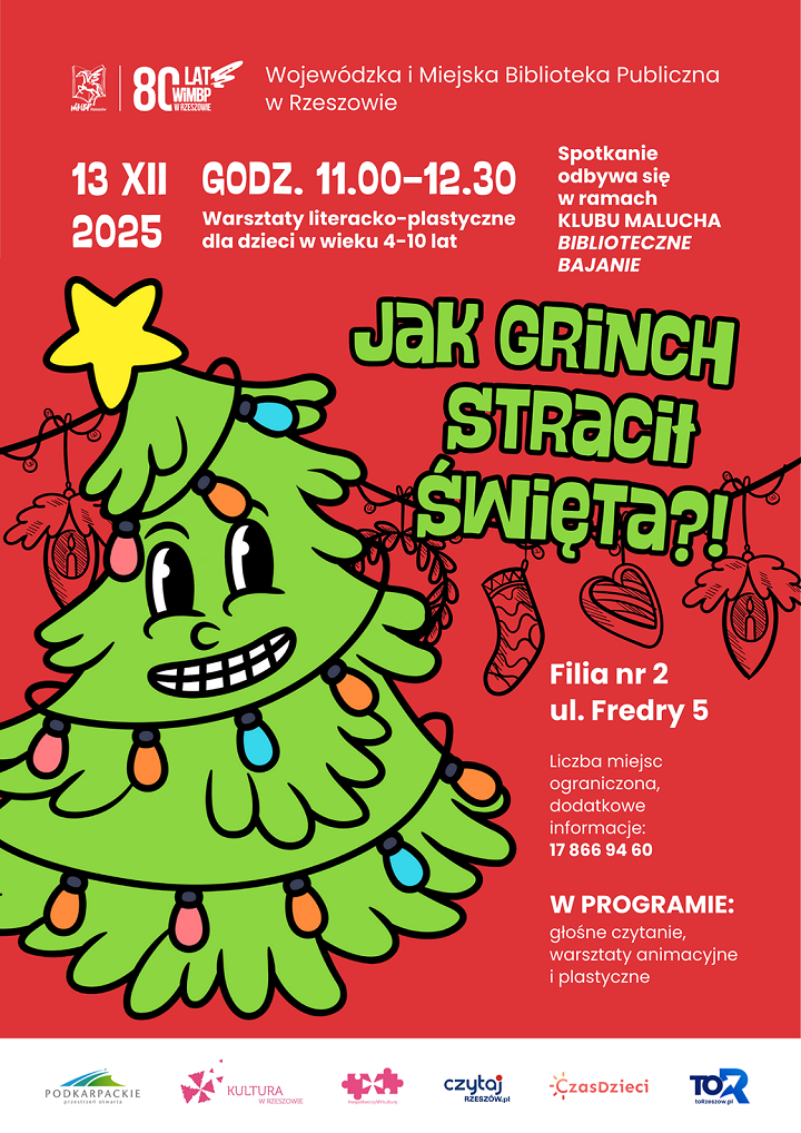 Na plakacie zabawna choinka stylizowana na postać z bajki z oczami i ustami. 