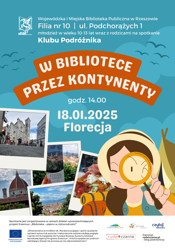 Dziewczynka z plecakiem, lupą, za nią namiot. Zdjęcia z widokami Florencji.