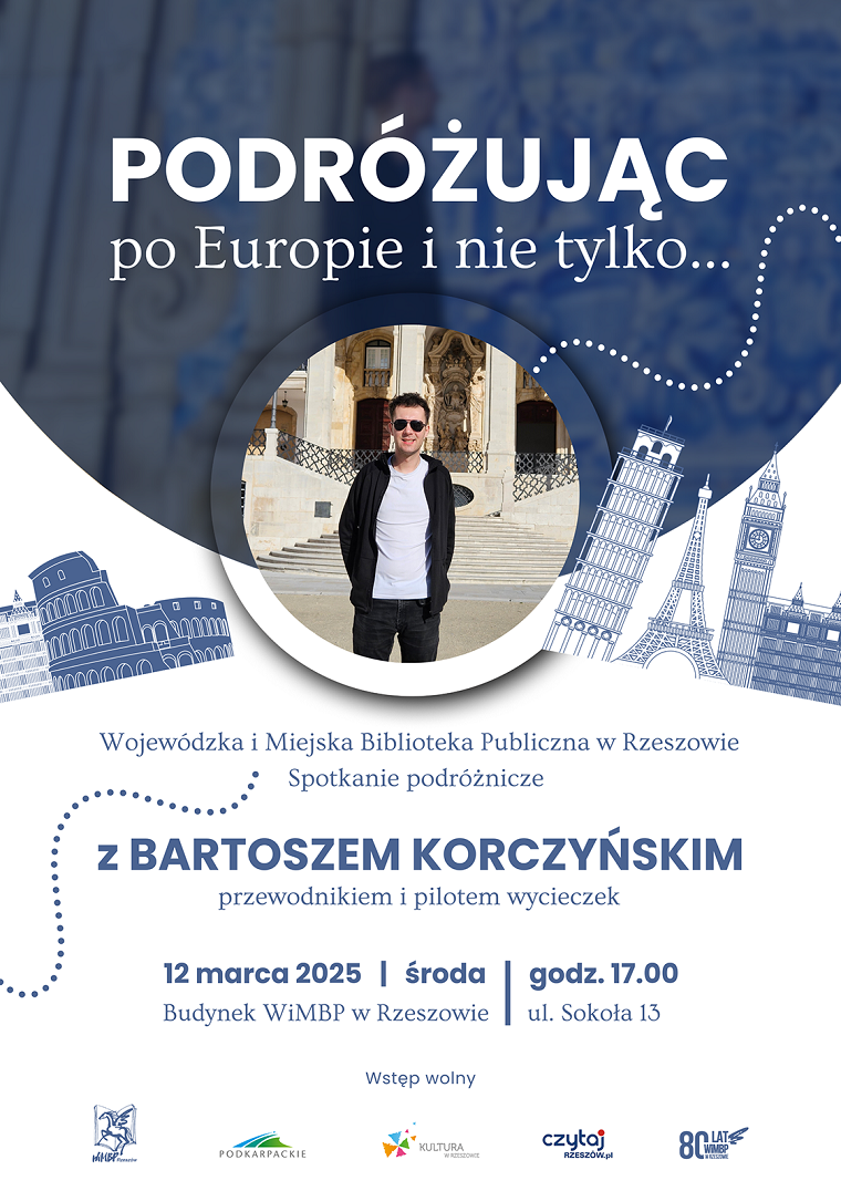 Grafika ze zdjęciem młodego mężczyzny pozującego do zdjęcia na tle zabytkowego budynku