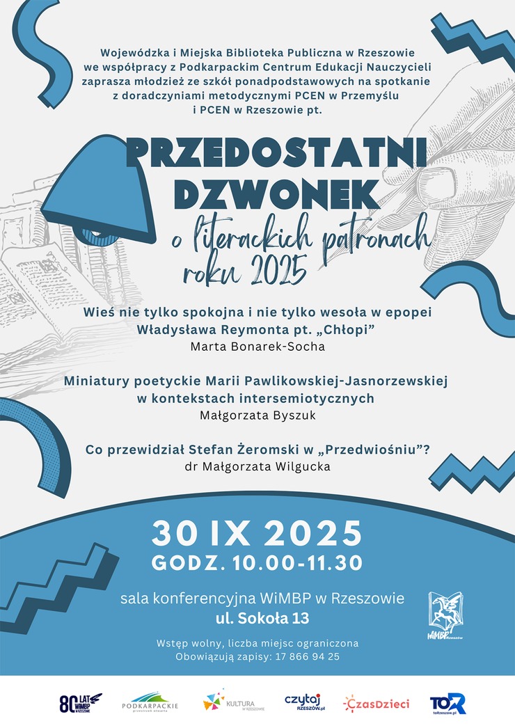 Dłoń z piórem, książki i dzwonek
