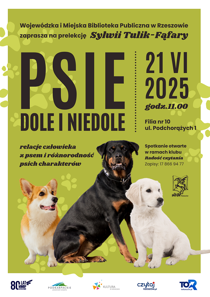 Na grafice trzy psy różnej maści. W tle psie łapki. 