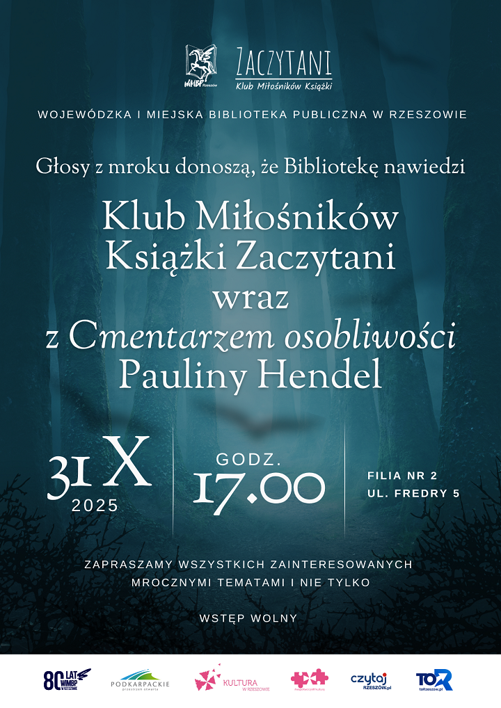 Plakat, którego tło stanowi rysunek ciemnego, mglistego lasu
