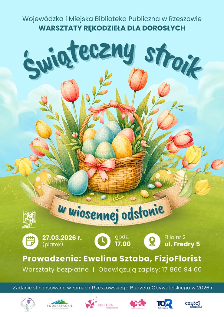 Koszyk z&nbsp;pisankami wśr&oacute;d kwiat&oacute;w