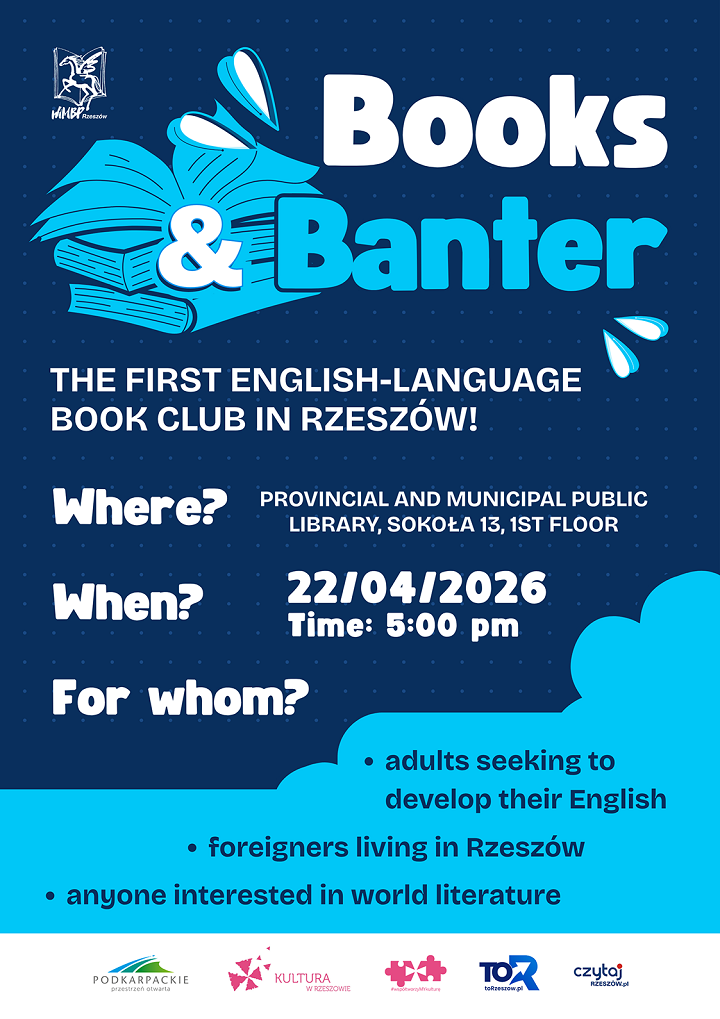 Na plakacie stos książek i&nbsp;chmury